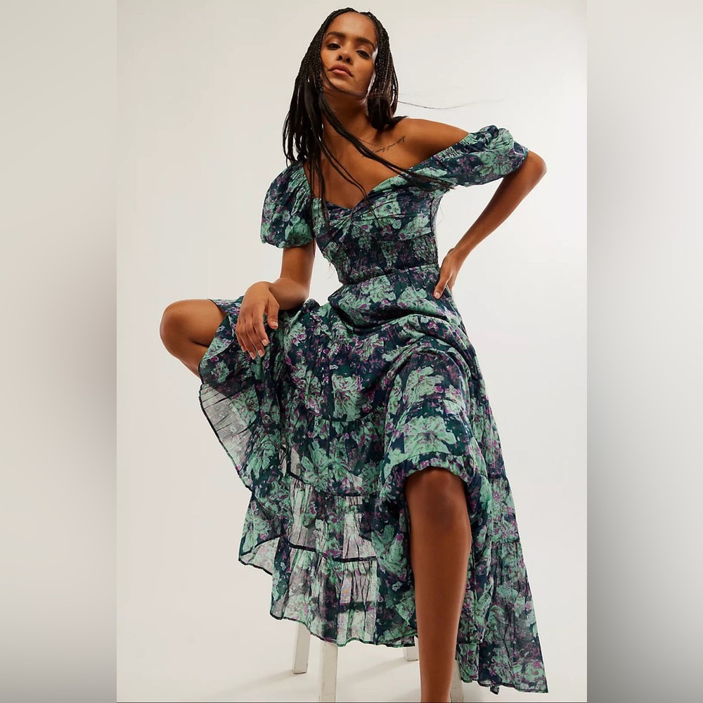 Free People Floral‎ Sundrenched Short Sleeve Maxi Dress Navy Blue Green Size M - Picture 2 of 15